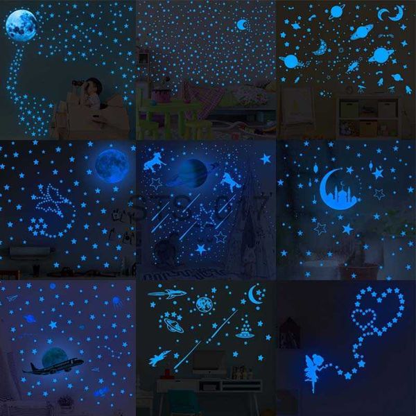 Autres Stickers Décoratifs Blue Moon Stars Stickers Muraux Lumineux pour Chambres d'Enfants Décoration Art Fluorescent Licorne Stickers Muraux Glow in the Dark Stickers x0712