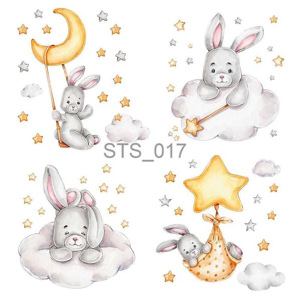 Otras pegatinas decorativas Dibujos animados Conejo Luna y estrellas Pegatinas de pared para habitación de niños Decoración de habitación de bebé Animales Tatuajes de pared Niñas Niños Dormitorio Papel pintado x0712