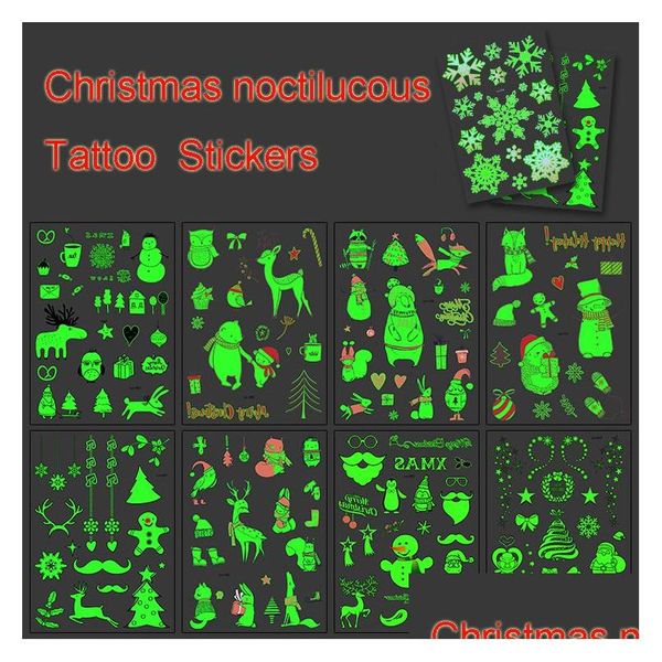 Otras pegatinas decorativas Resplandor de Navidad Etiqueta engomada del tatuaje temporal Elk Muñeco de nieve Impermeable Luminoso que brilla intensamente en la oscuridad Fiesta Decorati Dhqht