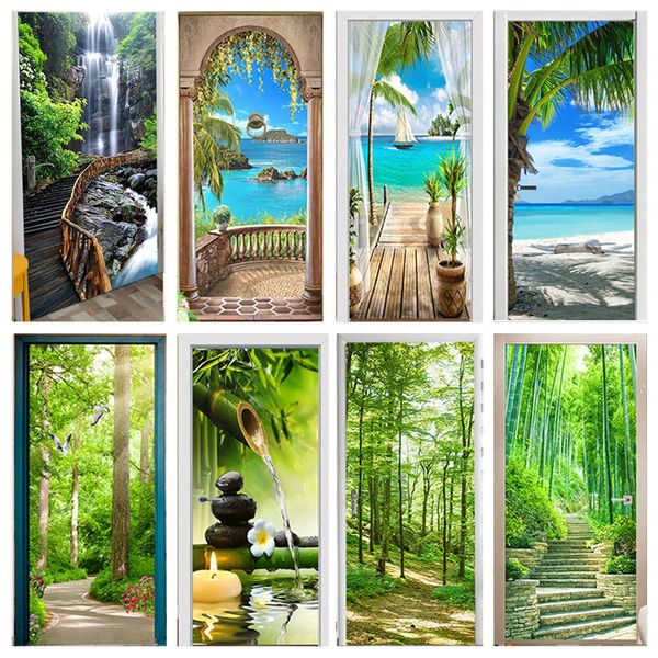 Autres Autocollants Décoratifs Vert Forêt Pont Auto-adhésif Porte Papier Peint 3D PVC Décor À La Maison Autocollant Plage Soleil Paysage Affiche Murale Sticker deursticker 230626