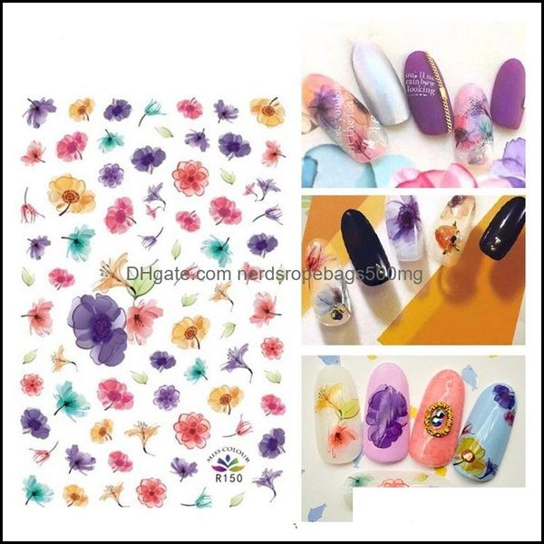 Autres autocollants décoratifs Home Decor Garden Back Glue Nail Sticker Aquarelle Couleur Peinture Floral Design Art Manucure Water Proof Reusab