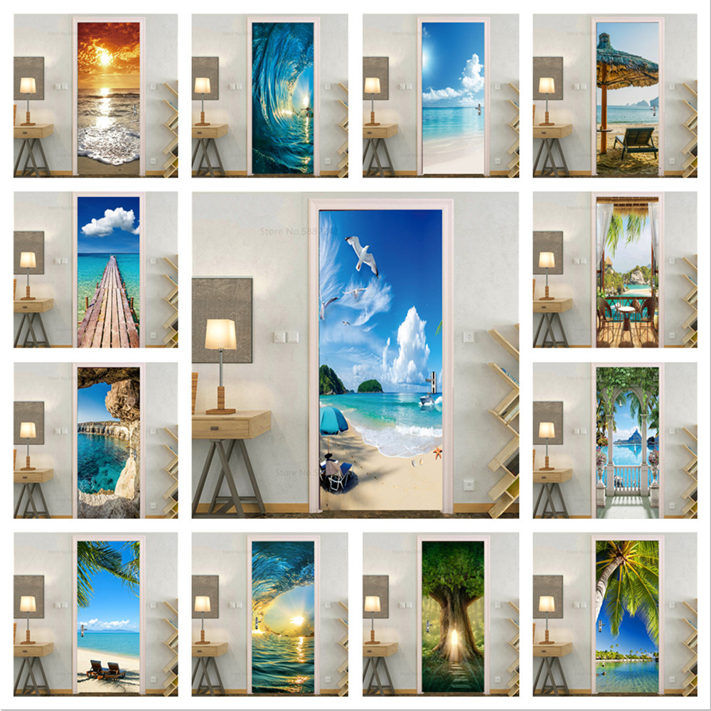 Other Decorative Stickers Sea Beach Door Decoration Bedroom Entrance Boys Girls Room 3d Wallpaper Natural Scenery Selfadhesive Home Wall Decals 230403