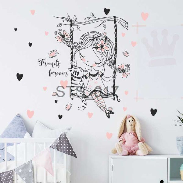 Autres autocollants décoratifs Swing Girl Stickers muraux Chambre Salon Fond Décoration de la maison Fleurs et plantes Papier peint Décoration murale pour chambre de fille x0712