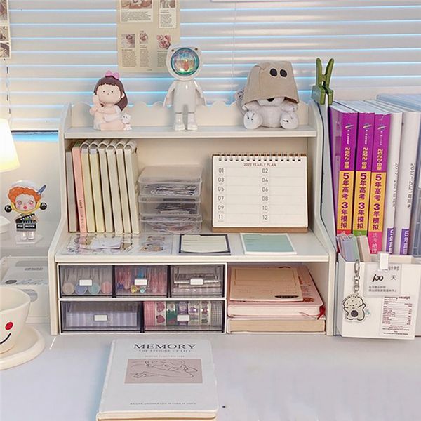 Otros accesorios de escritorio Estante de escritorio Dormitorio de estudiantes Oficina de almacenamiento blanco Lindo Arreglo de papelería simple Estante Multicapa Pequeño 230804