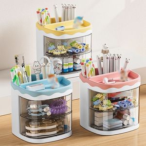 Other Desk Accessories Practical Multi-Functional Desk Organizer Pen Holder Double Layers Rotating Pencils Storage Rack Student Cosmetics Storage Shelf 230609