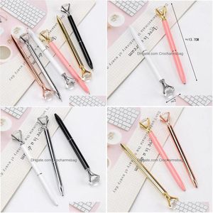 Autres accessoires de bureau Gros 16pcs Big Diamond Crystal Pen Gem Ballpoint Bague Bureau Métal Roller Ball Noir Rose Or Sier Drop D Dhioa