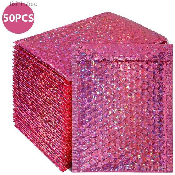 Otros productos de plástico desechables 50 sobres de burbujas con láser, color rojo rosa, sobres acolchados, sobres de polietileno para embalaje de regalo, bolsa de envío autosellada, acolchado rosa T24