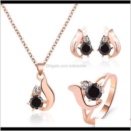 Autre livraison directe 2021 ensembles de bijoux boucle d'oreille bague collier forme d'aile cristal et obsidienne noire réglage couleur or chaîne en métal plaqué Jixun