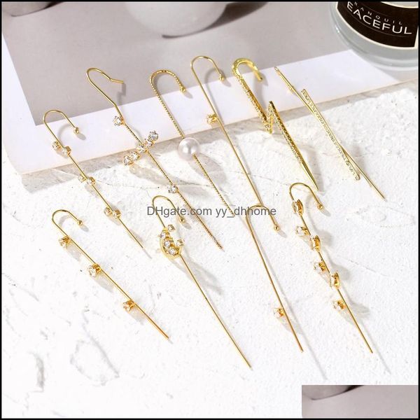 Otros pendientes Joyería Moda Crystal Ear Climber Stud para mujer Vintage Gold Chain Leaf Hook Earring Ears Cuffs Wedding Jew Dhjrc