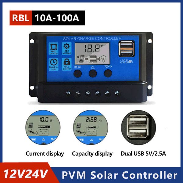 Autres appareils électroniques Contrôleur de charge solaire 100 A Contrôleur de panneau solaire Écran LCD réglable 12 V/24 V Régulateur de batterie de panneau solaire avec port USB 230715