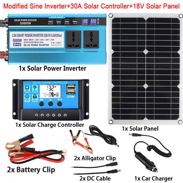 Système d'alimentation solaire 12 V/24 V/48 V/60 V à 220 V Panneau solaire 20 W 18 V Contrôleur de charge 30 A Kit de génération d'énergie pour onduleur de voiture 5000 W 230715