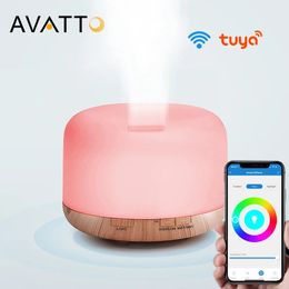 Autres appareils électroniques AVATTO Tuya WiFi Humidificateur intelligent Diffuseur d'huile d'arôme essentiel Ultrasonique 500 ml Fabricant de brume d'air à grain de bois Lumière LED 230927