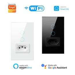 Andere elektronica Tuya WiFi Smart Touch Light Switch Socket 20A Brazilië Stekker Thuis Werkt met Life Voice Via Alexa Google 230927