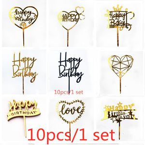 Otros suministros para fiestas de eventos 10pcsset Love Happy Birthday Cake Toppers Gold Acrylic Kids Birhday Topper para decoraciones de boda Baby Shower 230607