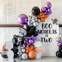 Autres fournitures de fête d'événement 114pcs Silver Purple Chrome Balloons métalliques Garland Arch Orange Ball Ball Ghost Foil Ballon Halloween Party décorations 230812