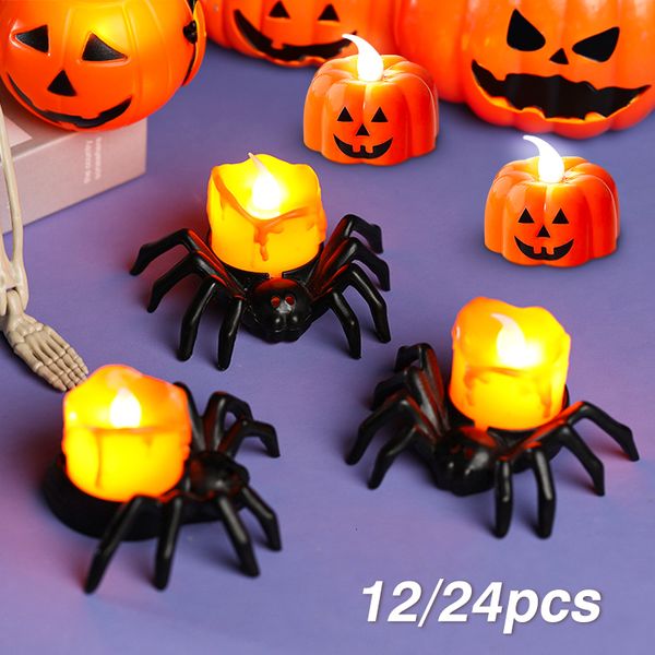 Autres fournitures de fête d'événement 12/24 pièces Halloween araignée lumière LED sans flamme thé araignée bougie électrique LED bougies chauffe-plat pour la décoration de fête d'halloween 230809