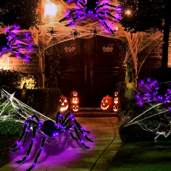 Autre événement Fourniture de fête de 125 cm Grand noir effrayant de simulation géante Spider Halloween Spider Decor avec d'énormes accessoires hantés à LED violet