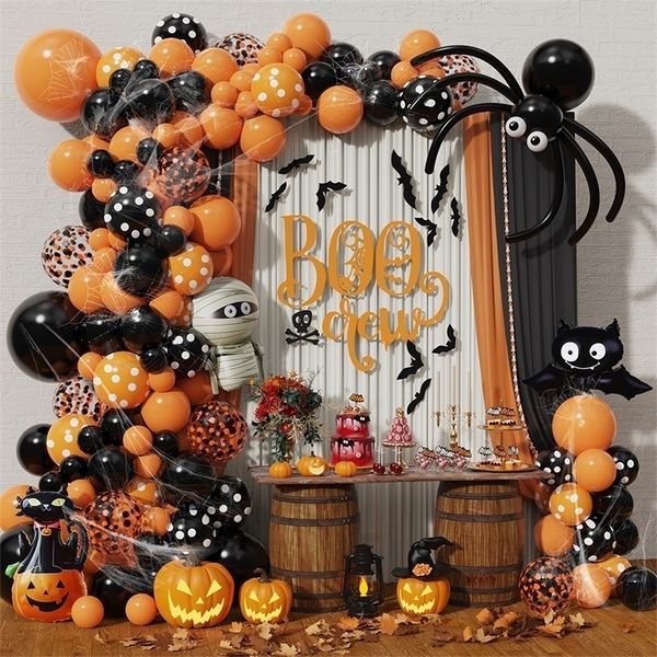 Autres fournitures de fête d'événement 128 pièces bricolage Orange noir Halloween ballon guirlande arc chat noir chauve-souris citrouille momie feuille ballons Halloween Boo décorations de fête 220908