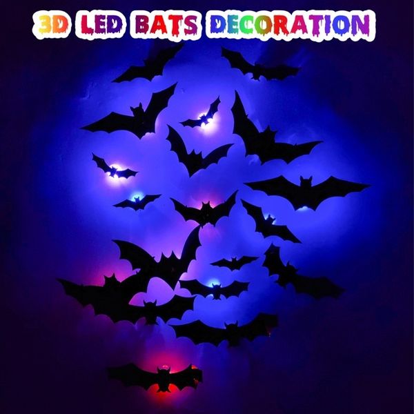 Otros suministros para la fiesta de eventos 12 PCS LED LED LED 3D Black Bat Wall Siginas Decoración de bricolaje para la sala de bares Decoración de fiestas Halloween Decos Props 230812
