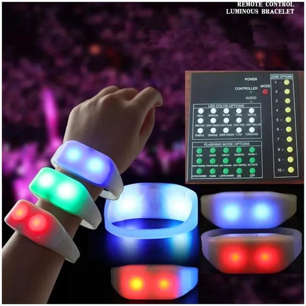 Otros suministros para fiestas de eventos 15 colores Control remoto LED Pulseras Sile Pulsera RGB Cambio con 41 teclas 400 metros 8 Área Luminosa Dhal0