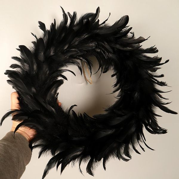 Autres fournitures de fête d'événement Couronne de plumes de 15 pouces Couronne de porte d'entrée à plumes noires Décoration de plumes de cocktail Guirlandes artificielles d'Halloween pour les vacances 230904