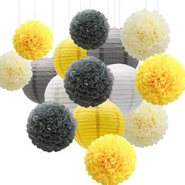 Andere evenementenfeestjes 15 stcs 810 inch geel grijs Chinese papier lantaarns tissue bloemenballen voor kerst Halloween verjaardag bruiloft decor 230206