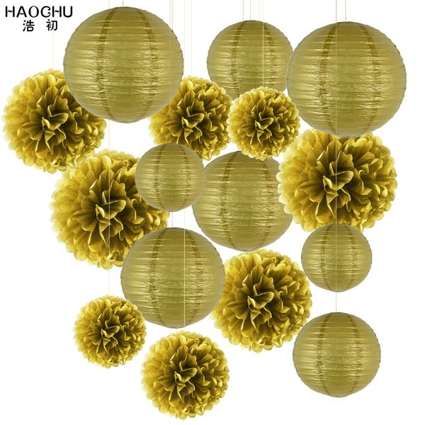 Otros suministros para fiestas y eventos 16pclot Papel de seda redondo decorativo Linterna Pom Poms Bolas de flores Color dorado Boda Niño Cumpleaños Decoración Babyshower 230206