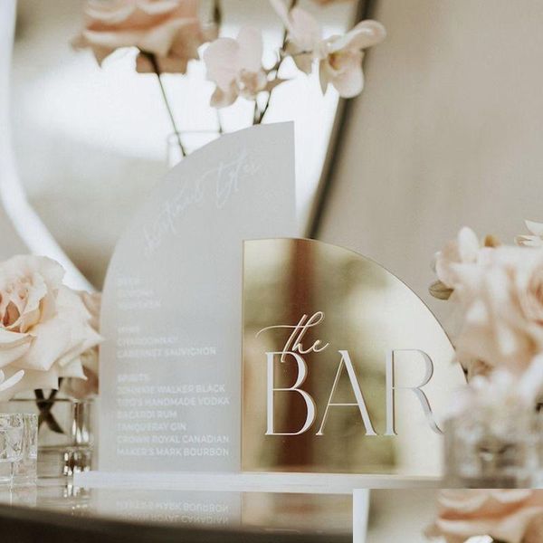 Otros suministros para la fiesta de eventos 1p Arch Gold Acrylic Bar Sign - Señal de boda arqueada - Menú de bebidas exclusivas Señalización de la señalización Delive Homefavor DHCX8