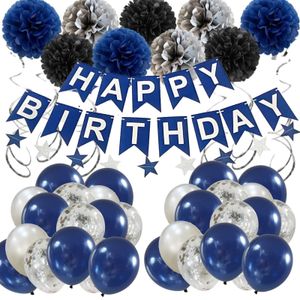 Andere evenementenfeestartikelen 1set Marineblauwe verjaardagsdecoratie Mensenballon inbegrepen. Gelukkige Verjaardag Banner Blauw Zilver Confetti Ballon Papieren Pompons 230923