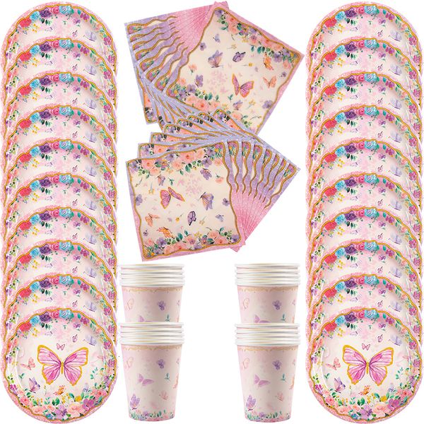 Otros suministros para fiestas de eventos 1set Pink Butterfly Kit de vajilla de cumpleaños Decoraciones felices Kids Girl Baby Shower 230822