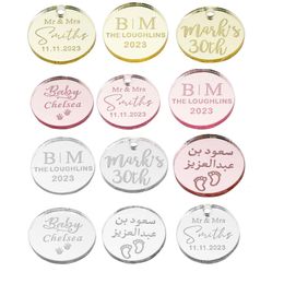 Autres fournitures de fête d'événement 20/50/60 / 100pcs étiquettes de cadeaux de miroir gravées personnalisées étiquettes de nom de mariage acrylique cupcake toppers cercle gâteau charmes baby shower 231026