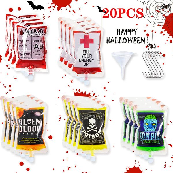 Paquete de 20 bolsas de sangre falsa para Halloween, accesorios de cosplay, bolsa de bebida, contenedor de sangre reutilizable para disfraces de vampiros y zombis, decoración de fiestas temáticas 230712