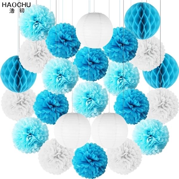 Otros suministros para fiestas de eventos 24pcs / set Papel blanco azul Linterna grande Pompones de tejido Flor Bola de nido de abeja Baby Shower Niños Cumpleaños Decoraciones de boda 221007