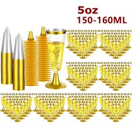 Autres fournitures de fête d'événement 25pcs 5oz Coupe de champagne Verres à vin en plastique Flûtes claires Fêtes d'anniversaire Mariage Gold Rim Gobelet jetable 231009