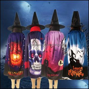 Autres fournitures de fête d'événement 2pcs / set Halloween Robe Cape Black Wizard Hat Cape Cosplay Costume Adt Bat Pumpkin Skl Imprimé Capes Vt Dhkrn