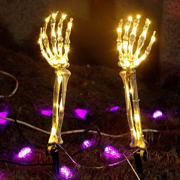 Otros suministros para fiestas de eventos 2 unids esqueleto mano luz solar al aire libre iluminado esqueleto brazo estacas solar brillante cráneo manos decoración de halloween jardín lámpara de césped 230904