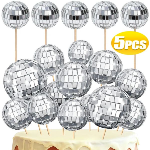 Otros suministros para fiestas de eventos 3/4/5 cm Espejo Bolas de discoteca Decoración de pasteles Feliz cumpleaños Topper Cupcake Palos de madera Insertar para bailar 231017