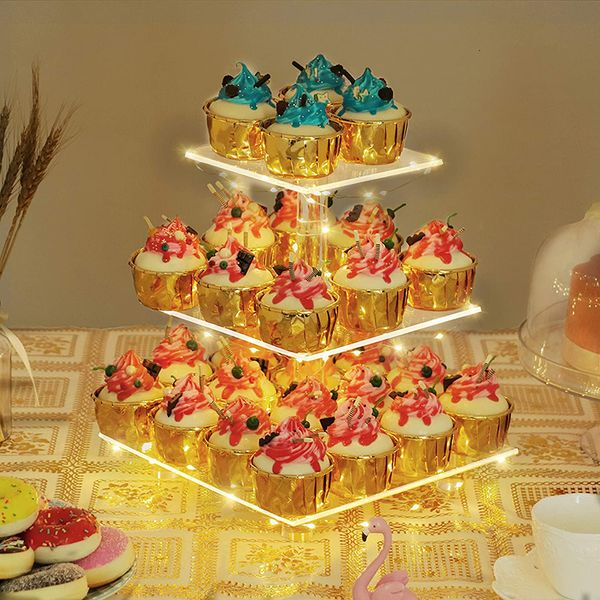 Otros suministros para fiestas de eventos Soporte para cupcakes cuadrado transparente de 3 niveles Soporte de exhibición de torre de pastel de acrílico premium con cadena de luz LED para cumpleaños de boda 230822