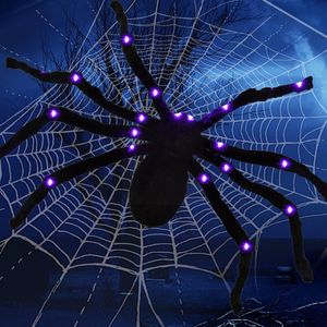 Autres fournitures de fête d'événement 30-150cm Décoration d'Halloween Araignée surdimensionnée LED lumineuse en peluche géante toile d'araignée maison bar maison hantée décor de vacances 230823