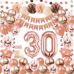 Autre événement Fourniture de fête 30e 40e 50e anniversaire Décorations pour femmes Rose Gold Happy 30 Balloon Cake Topper Paper Pom Pom Banner 231213