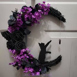 Autres fournitures de fête d'événement 35 cm Halloween meniskus kucing karangan bunga gantungan pintu kreatif simulasi tanaman rotan cincin dinding rumah dekorasi 230904