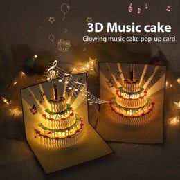 Autres fournitures de fête d'événement 3D Pop Up Cartes d'anniversaire LED Musique chauffante Gâteau d'anniversaire Cartes de voeux 221201