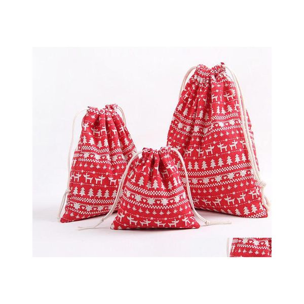 Autres fournitures de fête d'événement 3 Pcs/Lot sac cadeau de noël stockage coton lin Dstring Bundle sacs noël bonbons thé paquet Wrap Decora Dhust