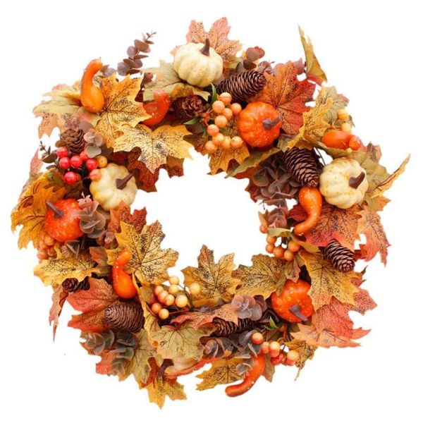 Autres fournitures de fête d'événement 50cm Couronne d'automne Décoration de Noël Feuilles d'érable artificielles Citrouille Fruits blancs Racine d'arbre Guirlande Halloween Couronne Décor 230824