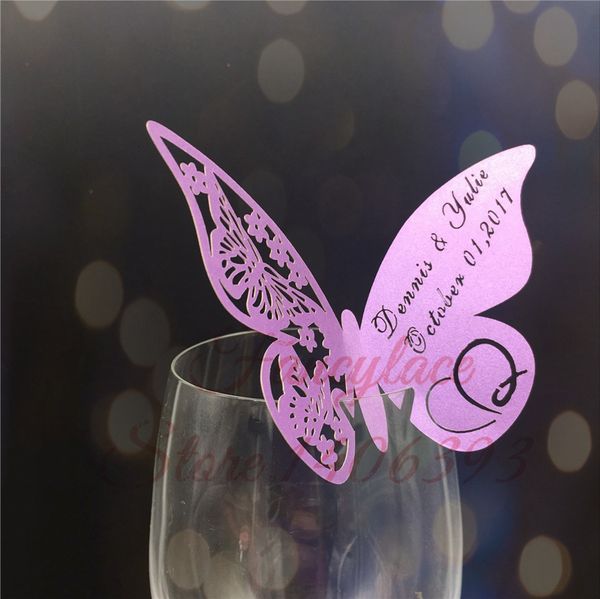 Autres fournitures de fête d'événement 50pcs Papillon Place Escort Verre à vin Coupe Carte en papier pour mariage Décorations pour la maison Blanc Bleu Rose Violet Nom Cartes 230228