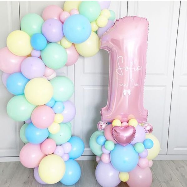 Otros suministros para fiestas de eventos 63 piezas Pastel candy Pink 1st 2nd 3rd Foil Number Balloon set Macaron Latex Ballons Girl Princess baby shower Fiesta de cumpleaños decoración 230804