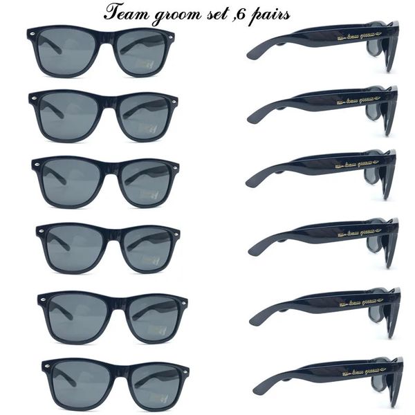 Autres fournitures de fête d'événement 6pcs / lot lunettes à thème de mariage noir marié homme marié faveurs de mariage lunettes de soleil pour garçon d'honneur avec autocollants en métal doré 231202