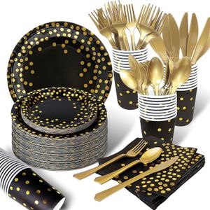 Otros suministros para fiestas de eventos 80 piezas de 10 personas Diseño de punto de oro negro Confeti Juego de vajilla desechable Plato de taza para boda Suministros de decoración para adultos 230725