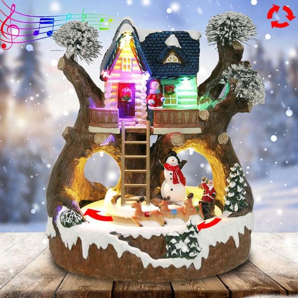 Autres fournitures de fête d'événement Maisons de village de Noël animées Train de traîneau du Père Noël avec rennes en mouvement et décorations de vacances de construction de cabane dans les arbres illuminées 231027
