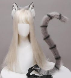 Andere evenementenfeestjes Anime Cosplay rekwisieten kattenoren en staart set pluche harige dierenhaarhoop carnaval kostuum fancy jurk xm7784318